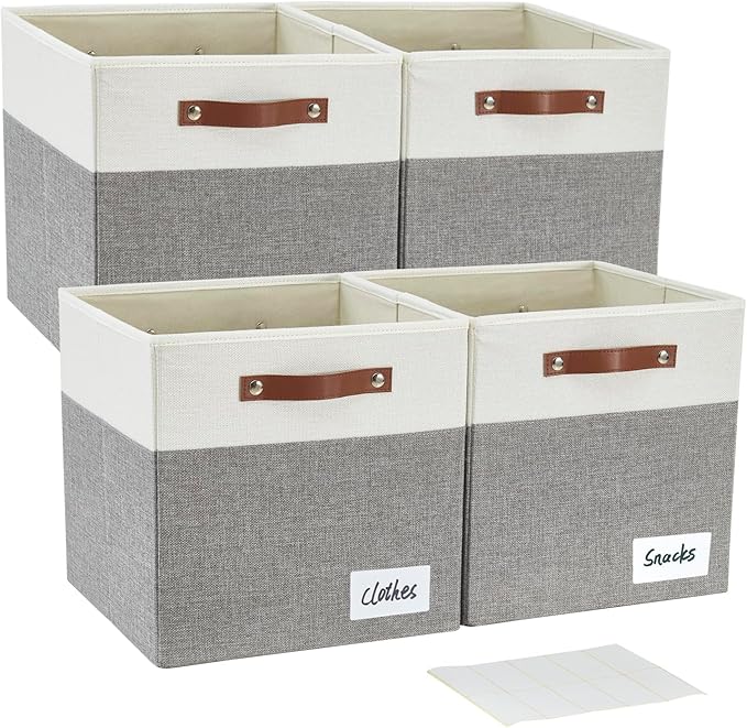 Collapsible Fabric Storage Cube Bins with 2 Reinforced PU Handles, Foldable Storage Organizer Baskets for Closet, Shelves, Living Room | 13"x13"x13", 4 Pack, Gray & White
