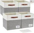 13x15x13 Storage Cube Bins, Foldable Storage Organizer Baskets, Fabric Cube Storage Boxes with 2 Reinforced PU Handles for Kallax, Shelves, Living Room | 4 Pack, Gray & White
