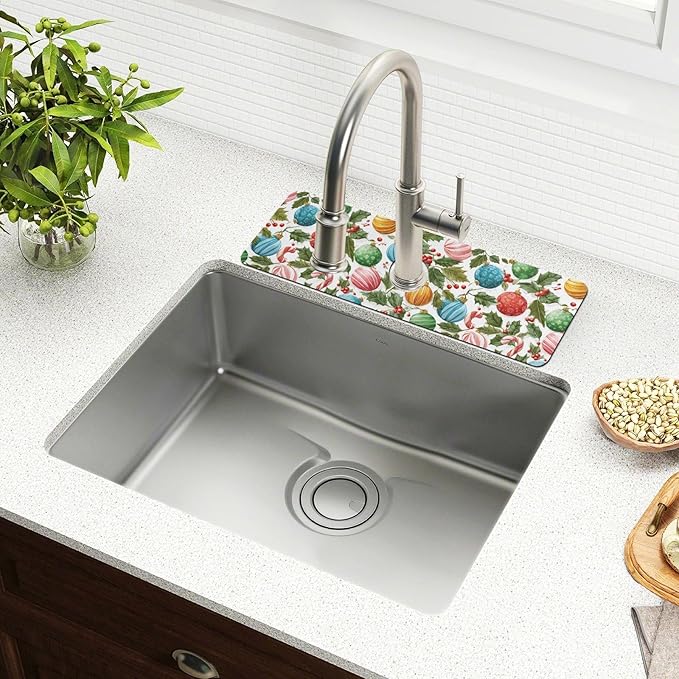 Christmas Baubles Holly Bells Sweet Kitchen Sink Splash Guard Sink Faucet Mat Faucet Handle Drip Catcher Drain Mats for Kitchen Bathroom Countertop Absorbent Dish Drying Pad 2Pack 1