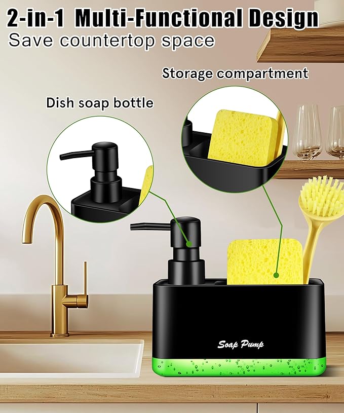 Dish Soap Dispenser with Sponge Holder, 2-in-1 Countertop Small Soap Dispenser for Kitchen and Bathroom, Multi-Scene for Dish Soap, Hand Soap, Lotion, Body Wash (Black)