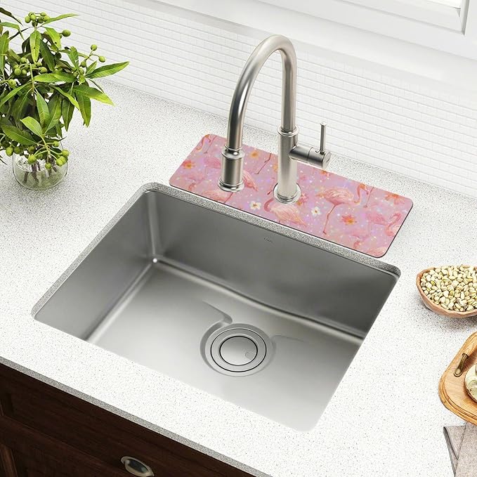 Kitchen Sink Splash Guard 1 PC 30 Inch Sink Faucet Mat Splash Guard for Bathroom Countertop Water Absorbent Foldable Cuttable Soft Washable Pink Gradient Flamingo and Petals