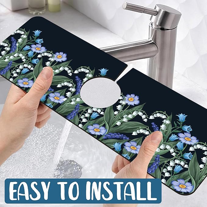 Blooming Lilies Kitchen Sink Splash Guard Faucet Mat Valley Lilies Flowers Super Absorbent Fast Drying Mat Sink Splash Guard Behind Faucet for Kitchen Bathroom, 15.5"x5.5"