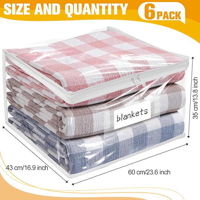 Plastic Storage Bags with Easy-Glide Zipper, Pack of 6, Durable Clear Vinyl Zippered Storage Bags for Clothes Sweaters Comforters Blankets Sheets Bedding (23.6 x 16.9 x 13.8 Inch)