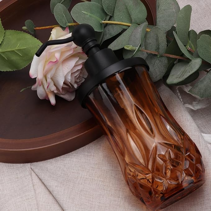 9Oz Amber Glass Soap Dispenser with Matte Black Zinc Alloy Pump,Lead-Free Thick-Cut Glass,Countertop Soap Dispensers for Bathroom & Kitchen,Round