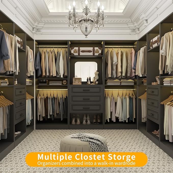 Unikito Modular Closet System with 3 Sets, 75”Closet Organizer System with Drawers, Mirror, Hanging Rods and Adjustable Shelves, Freestanding Wood Wardrobe Garment Rack, Walk in Closet Tower, Black