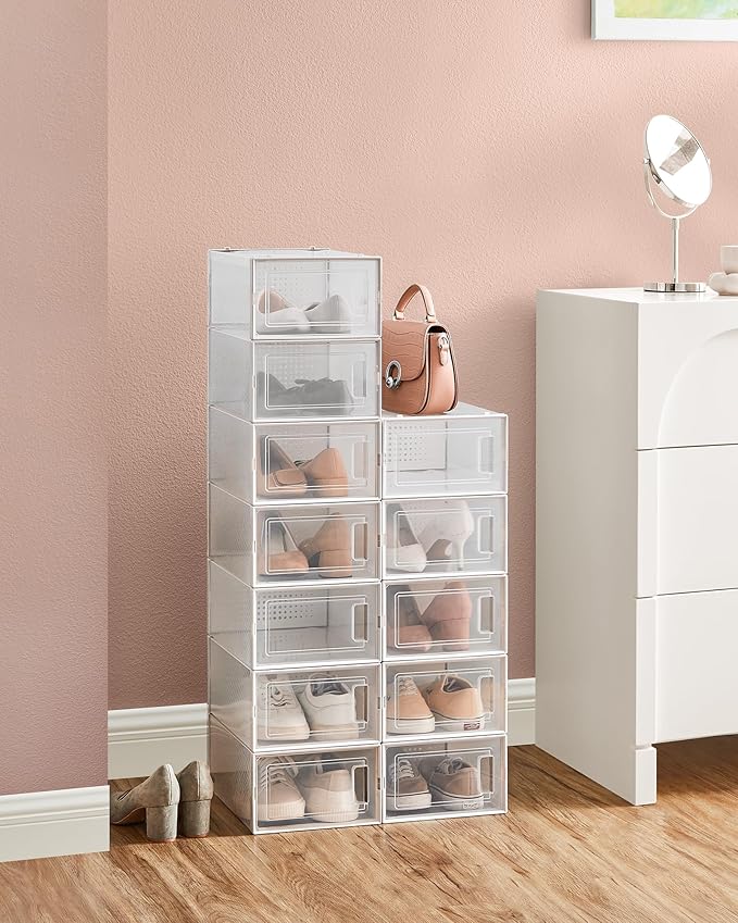 SONGMICS Shoe Boxes, Pack of 15 Shoe Storage Organizers, Stackable Clear Plastic Boxes for Closet, Sneakers, 13.1 x 9.1 x 5.6 Inches, Transparent and White ULSP015W02