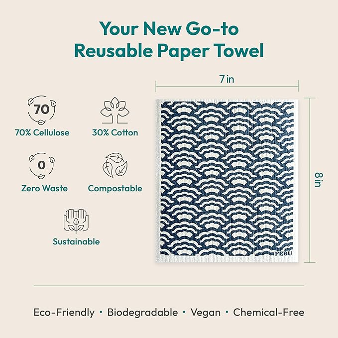 FEBU Swedish Dishcloths for Kitchen | 5 Pack Faded Summer Reusable Paper Towels Washable | Swedish Dish Towels | Non-Scratch Cellulose Sponge Cloths | No Odor, Biodegradable Cleaning Cloths
