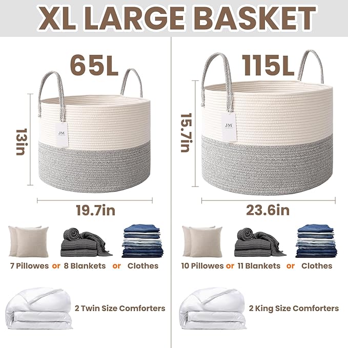 115L Extra Large Blanket Basket for Living Room - Woven Cotton Rope Laundry Hamper with Reinforced Handles - Storage Bin for Pillows, Comforters & Toys - Machine Washable,White&Grey