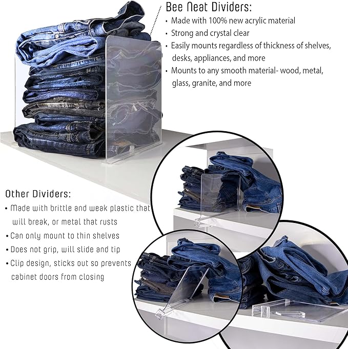Bee Neat Closet Organization with Acrylic Clear Shelf Dividers - Closet Shelf Organizer for Clothes, Towels, Sweaters, Purses, and Books - Shelf Separators - 6 Pack (8" Tall 11 ⅝" Deep)