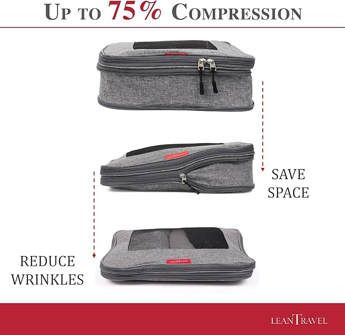 LeanTravel Compression Packing Cubes for Travel Organizers with Double Zipper (1 large piece, Grey)
