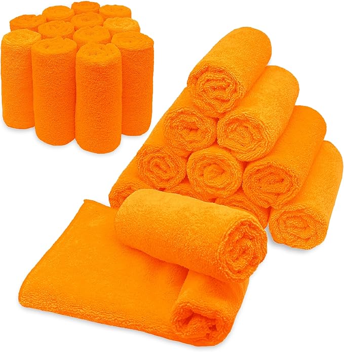 Blue Horizon Microfiber Cleaning Towels, Pack of 24, Ultra Soft Plush Washcloth, All Purpose Premium Microfiber Detailing Cleaning Cloths Reusable Shop Towels (16" x 16", Orange)
