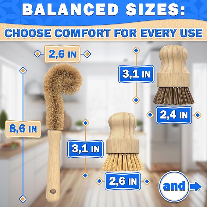 5 Pcs Bamboo Dish Brush Set – Bamboo Dish Scrubber with Soft & Stiff Non-Scratch Bristles, Ergonomic Handle, Replacement Head Included – Lightweight Kitchen Scrubber for Pots, Bottles & Vegetables