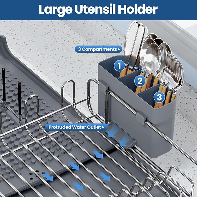 TOOLF Expandable Dish Rack, Dish Drying Rack for Kitchen Counter, Foldable Dish Dryer Rack, Stainless Steel Dish Drainer Racks with Cutlery Holder, Collapsible Dish Drying Racks Large Size,Gray