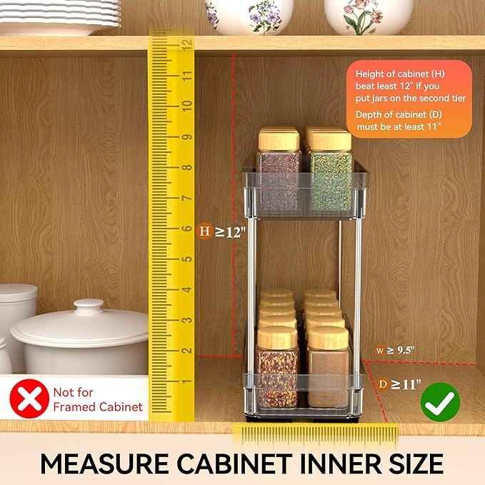 2 Pack Pull Out Spice Rack Organizer for Cabinet, 2 Tier Slide Out Spice Racks Organizer, Spice Cabinet Organizers, Cabinet Size Need:12'' High x 11'' Deep x 5'' Wide, Clear Acrylic