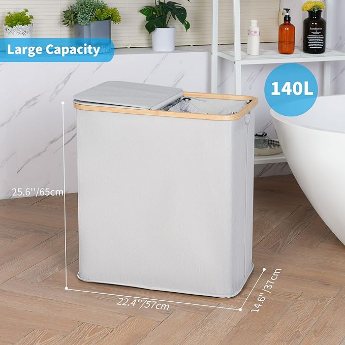 efluky Laundry Hamper with Lid, Double Laundry Hamper with 2 Removable Bags, 2 Section Laundry Basket with Bamboo Handles for Bathroom, Bedroom & Laundry Room, 140L (36.9 Gallon) Light Grey