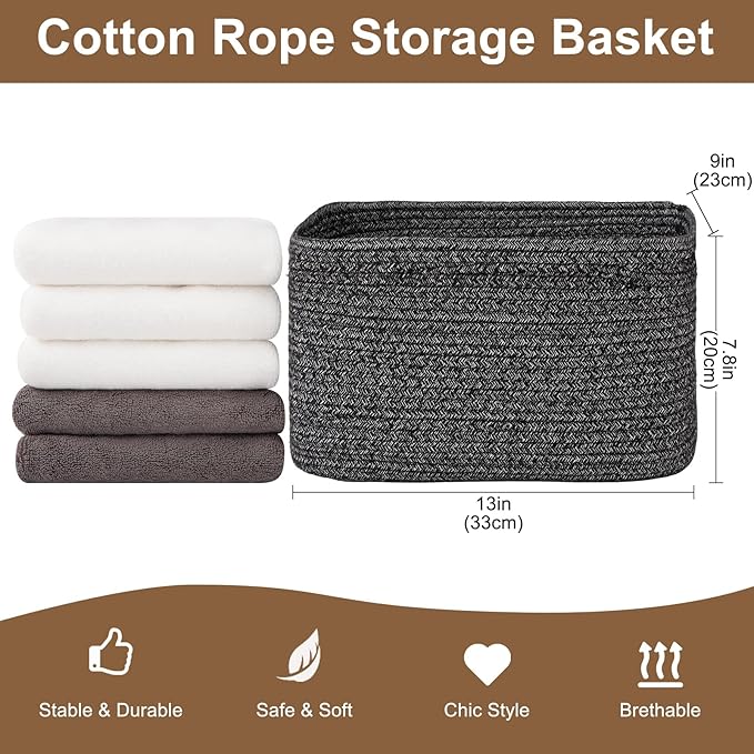 Storage Baskets for Organizing, Woven Decorative Baskets for Shelves - Books, Towels, and Clothes, Cotton Rope Toy Storage Bins, 12.7''Lx9''Wx7.8''H, Pack of 4, Black and White