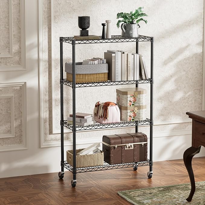 SINGAYE 4 Shelf Storage Wire Shelves Closet Bathroom Organizers Metal Pantry Kitchen Garage Shelving Unit Laundry Room Organization Home Narrow Rack Net Basket with Wheels Black