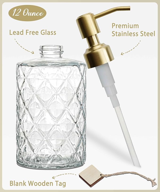 JASAI Diamond Design Glass Soap Dispenser with Golden Pump, Refillable Hand soap Dispenser for Kitchen, Soap Dispenser Bathroom for Soap, Hand soap, Dish Soap, Lotion.