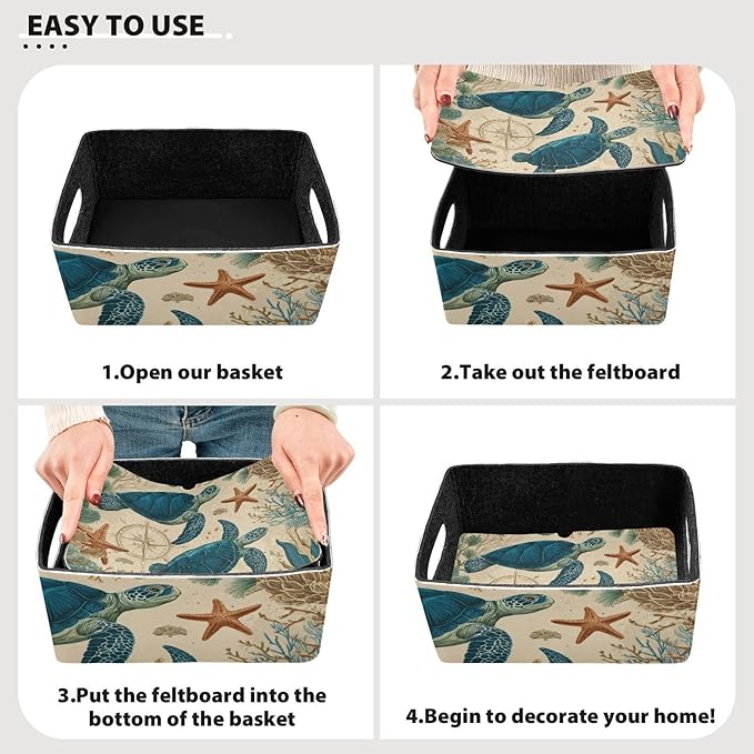 Sea Turtle Corals Starfish Closet Storage Bins 2 Pcs Felt Open Home Storage Containers Organizer with Handles Collapsible Shelf Basket for Home Office Craft Room Classroom Fabric