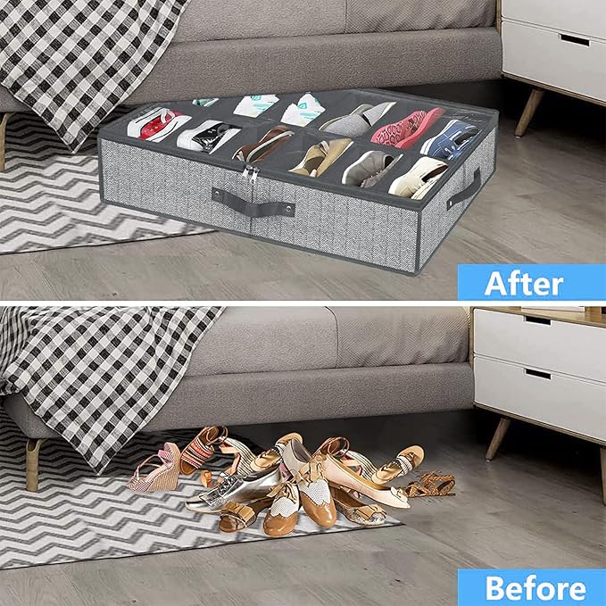 homyfort Under Bed Shoe Storage Organizer for Closet Fits 24 Pairs-Sturdy Underbed Shoe Containers Boxes Organizador De Zapatos with Clear Cover,Set of 2, 29.3 x 23.6 x 5.9inch(Herringbone Grey)