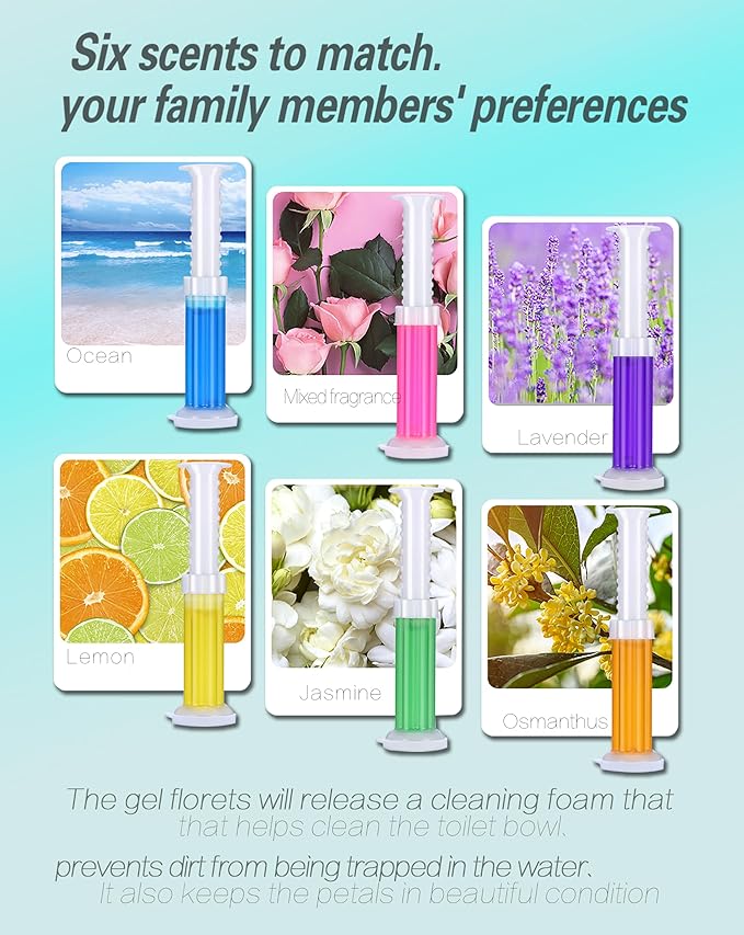 Toilet Bowl Cleaner Gel Stamps, 6 Scents with Flower Design, 78 Uses, Ocean Lavender Jasmine Lemon Osmanthus Mixed Fragrances (6)