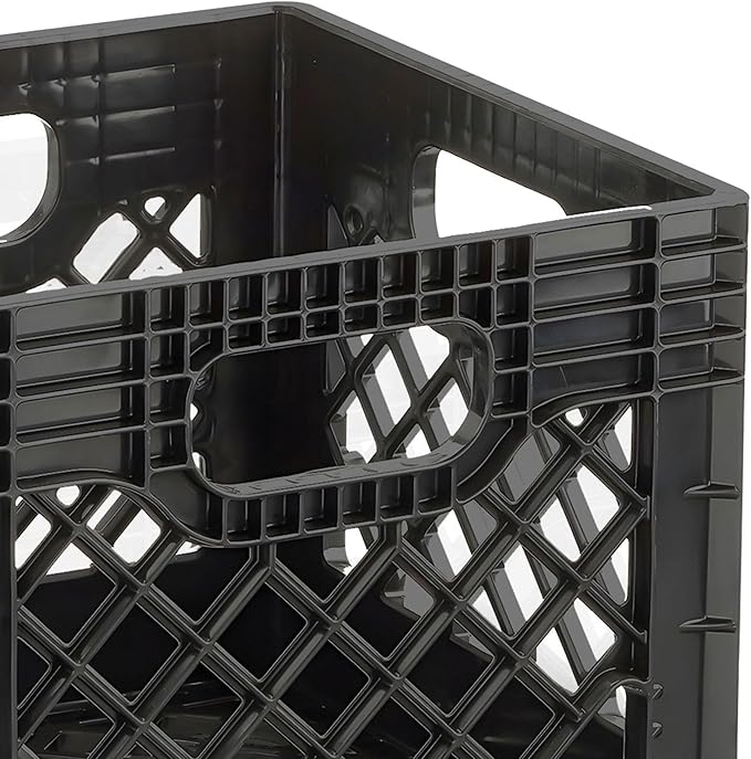 Juggernaut Storage 2-Pack Stackable Heavy Duty Milk Crates with Handles, 16 Qt, Black - Organizing Plastic Crate Basket for Grocery Shopping, Home Supplies, and Bathroom Accessories
