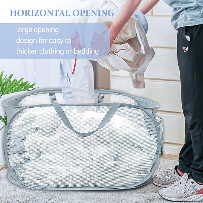 4PCS Mesh Laundry Hamper,Collapsible Laundry Baskets,75L Large Foldable Dirty Laundry Clothes Hamper Storage Basket Horizontal with Side Pocket&carry Handle for Home Travel, 2PCS Grey & 2PCS Emerald
