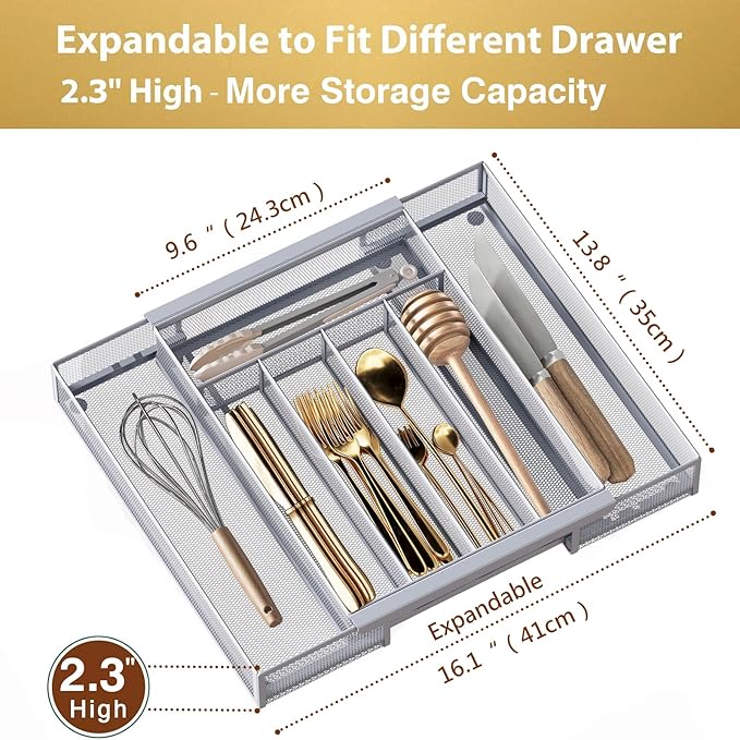 Silverware Organizer Metal Mesh, Drawer Organizer, Utensil Cutlery Tray Expandable Flatware Organizer with 7 Compartment Silver 9.6"~16.1" x 13.8"
