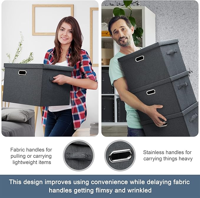Graciadeco Medium 15" 21 Quart Collapsible Stackable Storage Bins with Lids, 3 Packs Dark Grey Foldable Fabric Closet Boxes Heavy-duty Linen Cube Baskets Container for Bedroom Office (15 x 11 x 8)