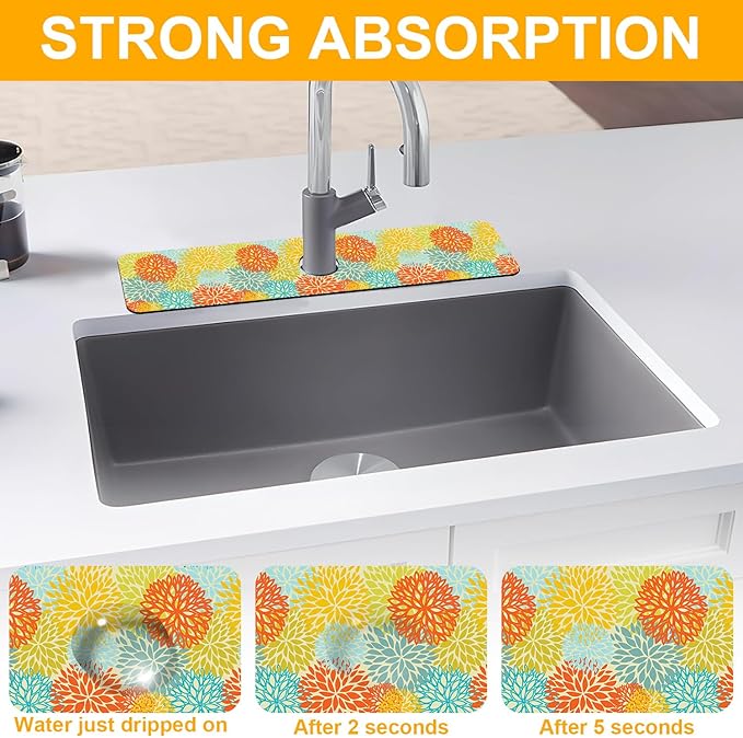 2 Pack Abstract Flowers Sink Splash Guard Faucet Mat Vintage Floral Super Absorbent Fast Drying Mat Sink Gadgets-Splash Guard Behind Faucet Drip Catcher for Kitchen Bathroom, 23.5"x5.5"
