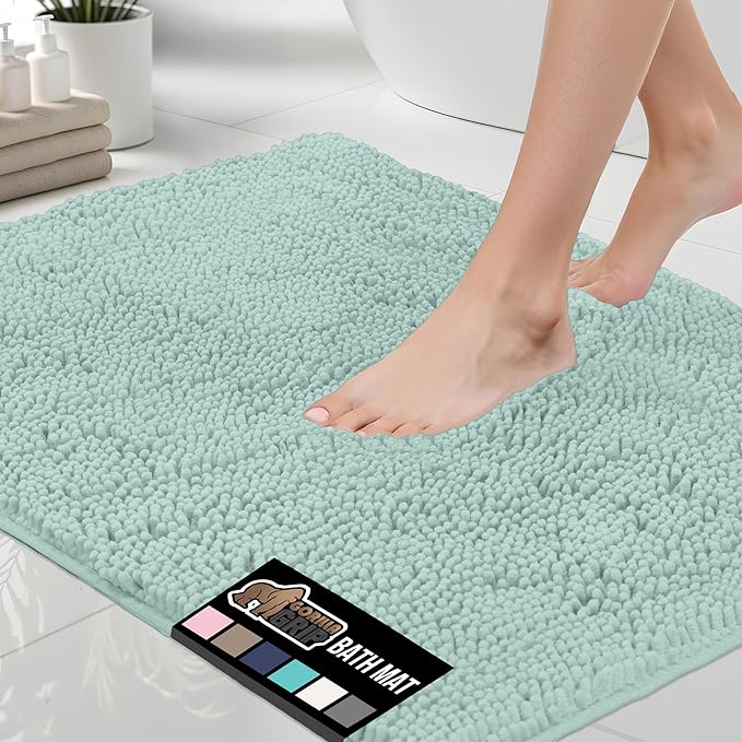 GORILLA GRIP Bath Rug Mat 48x24, Soft Absorbent Chenille, Quick Dry Microfiber Mats, Rubber Backing Washable Shower Floor Rugs, Bathmat Runner, US Designed Bathroom Home Decor Accessories Seablue