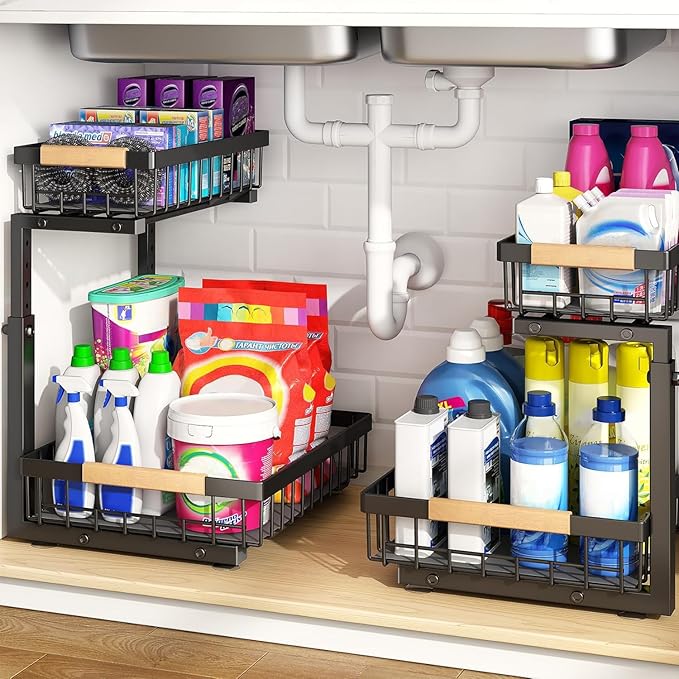 PXRACK 2 Pack Under Sink Organizer,Adjustable Height,2 Tier Pull Out Under Cabinet Organizer,Slide Out Thickened Metal Under Sink Storage for Kitchen Bathroom Laundry Cabinet Pantry,Black