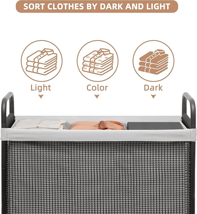 STORAGE MANIAC Rolling Laundry Hamper with Wheels 3-Section Laundry Sorter Rolling Laundrys Basket on Wheels with Removable Bag Clothes Hamper Laundrys Organizer Cart Bathroom Bedroom 120L Grey