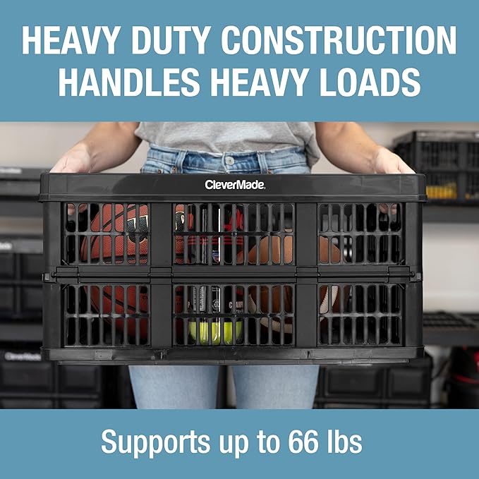 CleverMade Collapsible Utility Crates-Obsidian 1pck 45L / 11 Gal holds 66 lbs - Stackable Containers Heavy Duty Capacity Crates - Space-Saving Baskets
