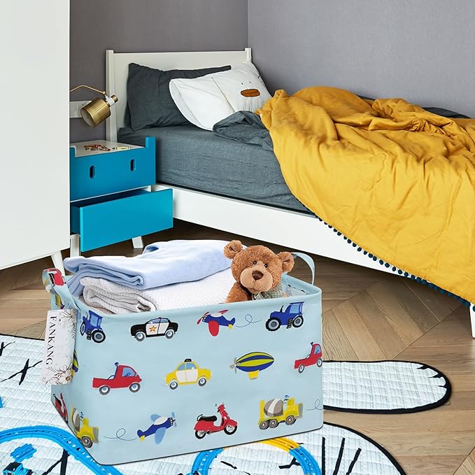 FANKANG Storage Basket,Nursery Hamper Canvas Laundry Basket Foldable with Waterproof PE Coating Storage, Office, Bedroom, Clothes,Toys (Rec-Car)