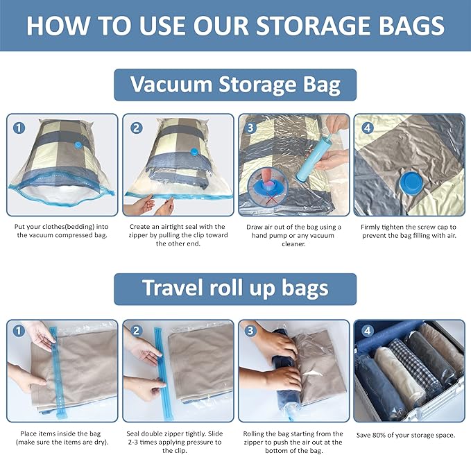 Cozy Essential 12 Pack Vacuum Storage Bags, Space Saver Bags (2 Jumbo/2 Large/2 Medium/2 Small/4 Roll) Compression for Comforters and Blankets, Pillow, Bedding, Sealer Clothes Storage