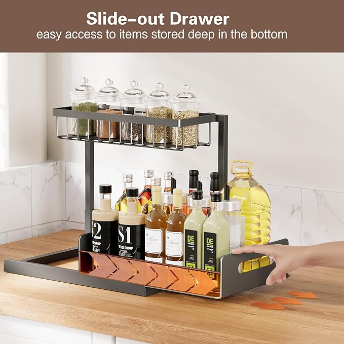 VUSIGN Under the Sink Organizer, 2-Tier Pull Out Cabinet Organizer, Metal Slide Out Storage for Bathroom Kitchen, 1 Pack, Black