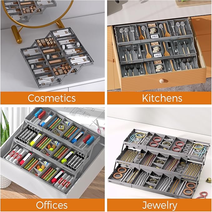 3 Tier Drawer Organizer - Expandable Junk Drawer Organizers Smart Office Supply Organizer, Folding Drawer Storage Multi-level Desk Organizer for Makeup,Jewelry,Cosmetics,Kitchen Storage (1 Row 3 Tier)