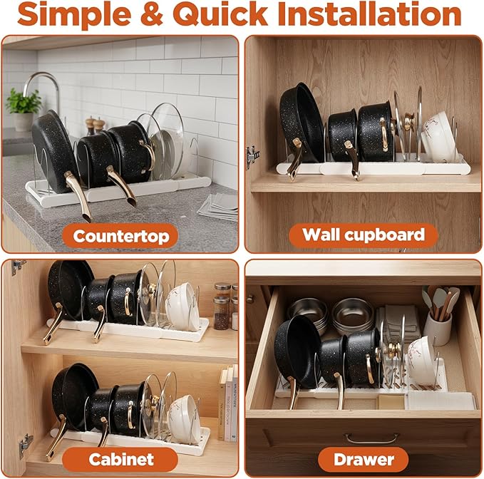 2 Pcs Expandable Pot and Pan Organizer, Adjustable Pot Lid Holder with 7 Dividers Under Cabinet White Plastic Cookware Rack for Kitchen, Cabinet, Cookware - Space-Saving