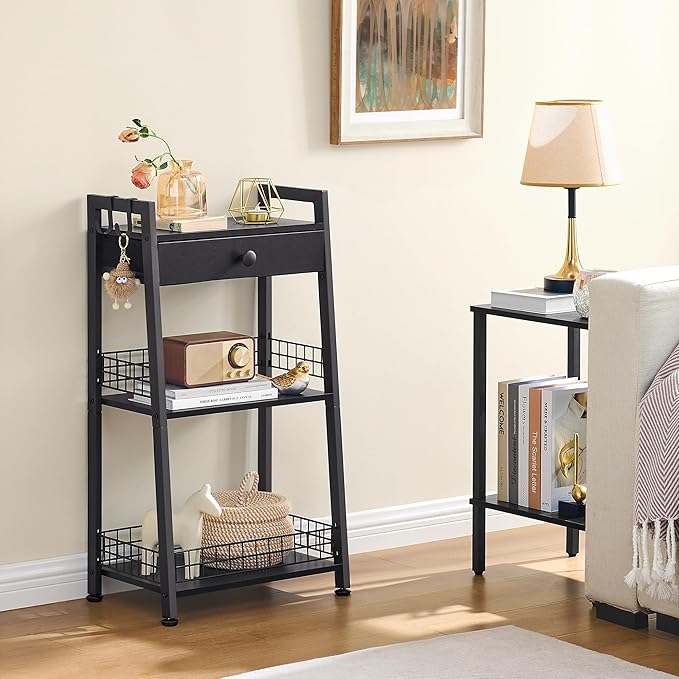 3-Tier Ladder Shelf with Drawer, Bathroom Table Stand for Small Space, Standing Bathroom Shelves with Storage for Living Room Kitchen Bedroom, Organizer Shelf, Black