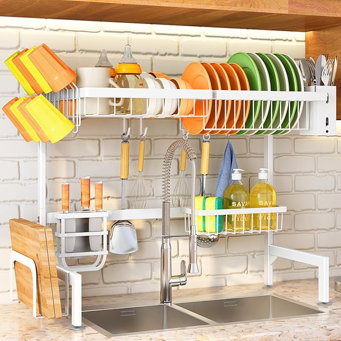 SNTD Over The Sink Dish Drying Rack - Adjustable Dish Rack for Kitchen Counter, Metal (White)