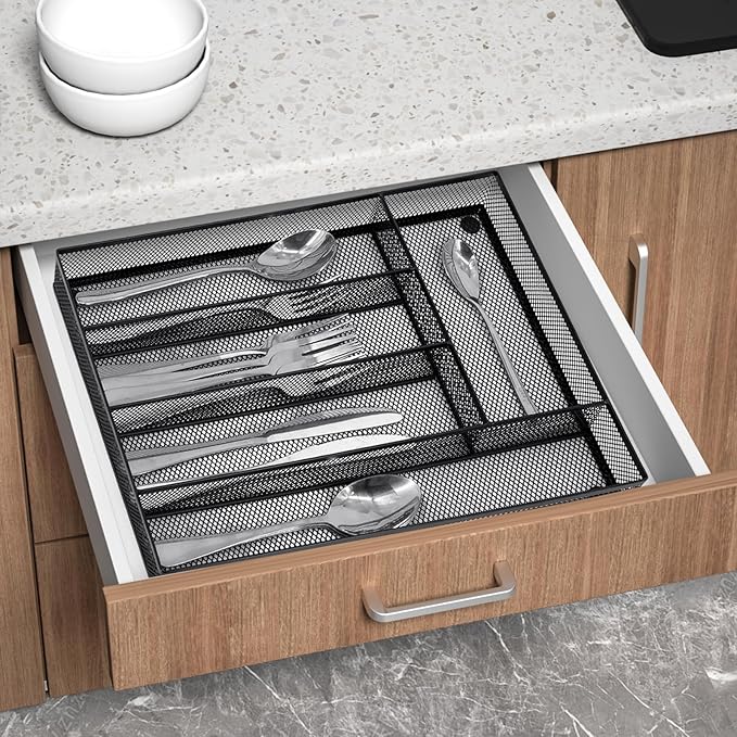 Neudeco Silverware Drawer Organizer Holder, Cutlery Tray Silverware Flatware Storage Divider for Kitchen, Bedroom, Living Room,Mesh Wire with Non-slip foam Feet, 5 Compoment（Black）