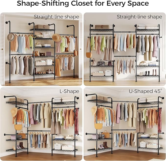 Closet Organizers and Storage, 3-Row Heavy Duty Garment Rack Clothes Rack for Hanging Clothes, Wall Mounted Closet System with 4 Telescopic Rods, 4 Hooks, 6 Shelves for Wardrobe, Bedroom, Small Space