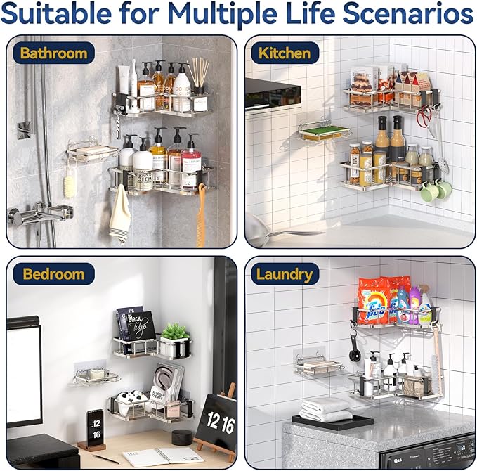 YASONIC Corner Shower Caddy Organizer, Self-Adhesive Rustproof Bath Shelves with Soap Holder & 4 Hooks, Large Capacity Shower Storage Rack for Bathroom Organization, (3Pack, Silver)
