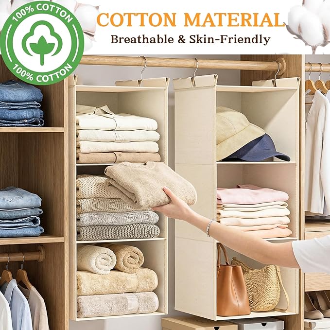 Ofiray-home Pure Cotton Dual Hanging Closet Organizer, 2-Pack 3-Tier Breathable Storage Bags for Wardrobe, RV, Nursery, Small Closets Heavy-Duty Cotton, Natural Beige