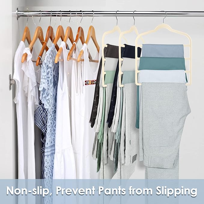 Velvet Hangers Space Saving Non Slip Pant Velvet Hangers, DUDUCOFU 8 Pack Beige Multi Layer Clothes Hangers Closet Organizer for Pants Trousers Scarf