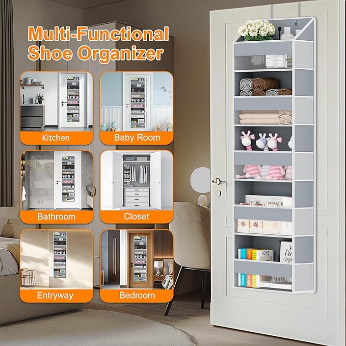 Over The Door Organizer - Over Door Storage Organizer with 5 Large Pockets & 10 Mesh Side Compartments - Heavy-Duty Hanging Storage for Bathroom, Bedroom & Closet - Baby Room Organize - Grey