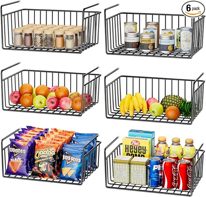 SUFAUY 6-Pack Under Shelf Basket Storage, Wire Shelves for Storage and Organization, Under Cabinet Paper Plate Dispenser Organizer Holds up to 22lbs for Pantry Closet, 10.6“d x 16" w, Black