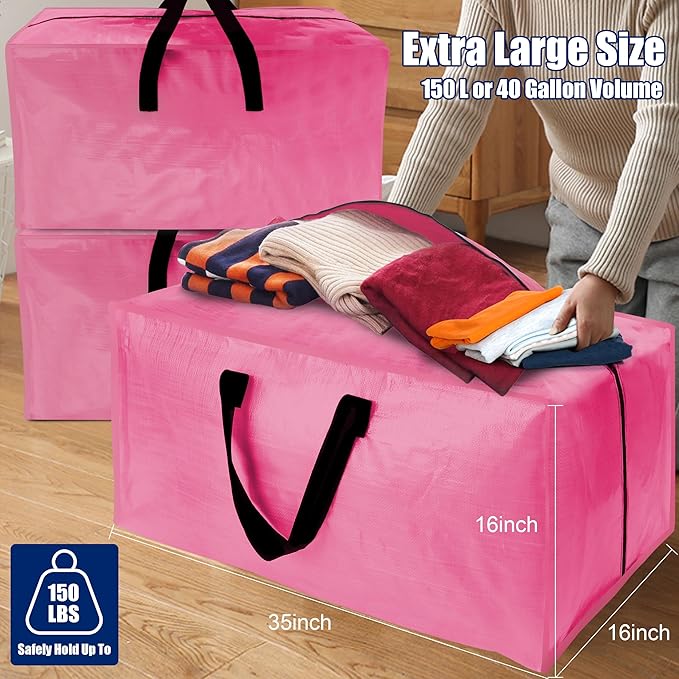 Cosy Family 8 Pack Heavy Duty Extra Large Moving Bags with Backpack Straps - Strong Handles & Zippers, Storage Totes For Space Saving, Fold Flat, Alternative to Moving Box (40 gal, Pink)