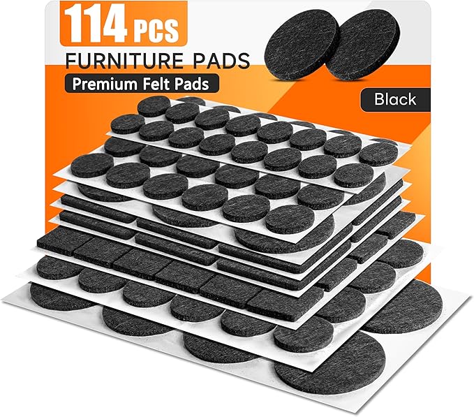 Felt Furniture Pads 114 PCS, 7 Sizes, Felt Pads for Chair Legs, Suitable for Round and Square Chair Legs, to Prevent Scratches, Reduce Noise and Protect The Floor (Black)
